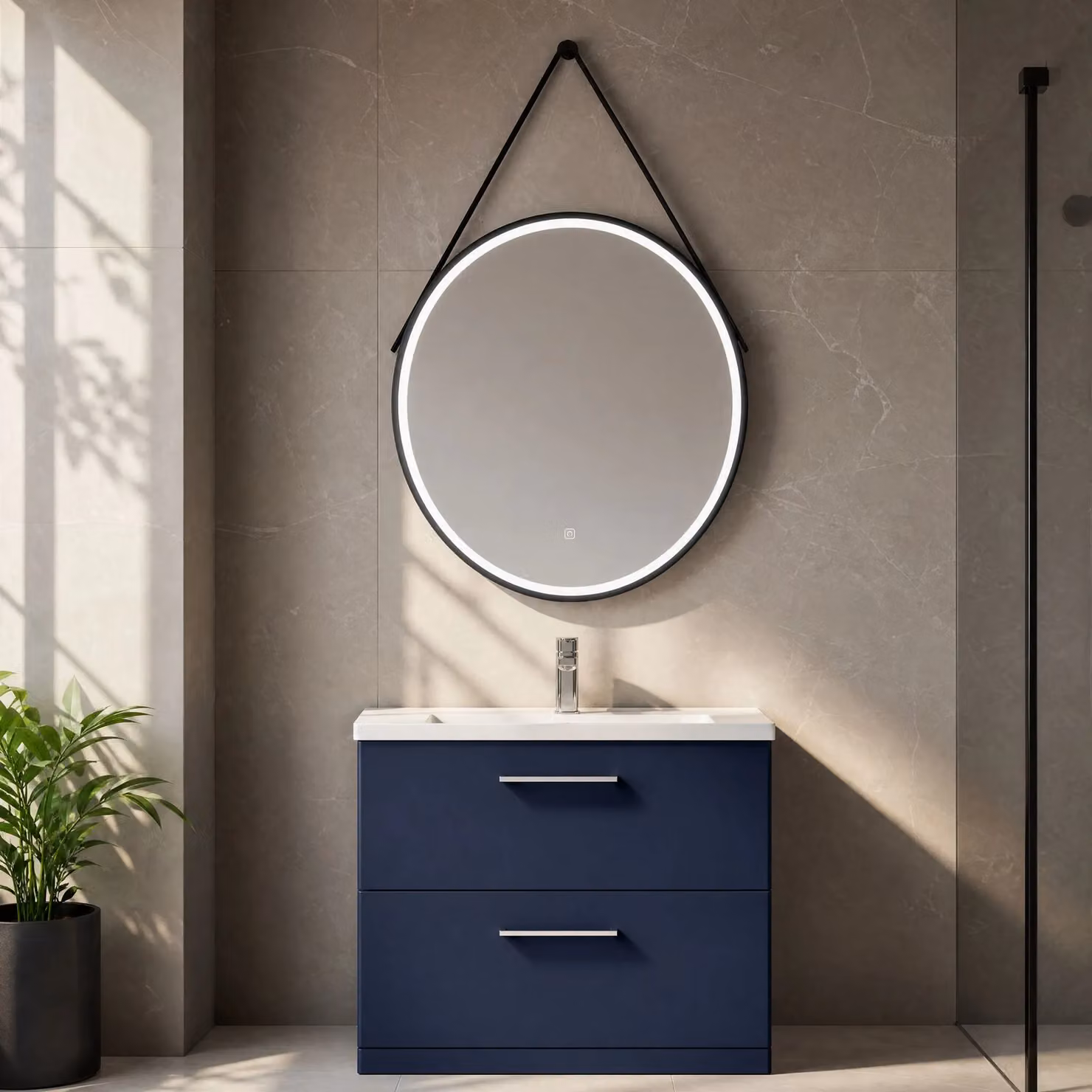 Balterley Round LED Bathroom Mirror with Demister and Hanging Strap, Black, Diameter: 80 cm – 2
