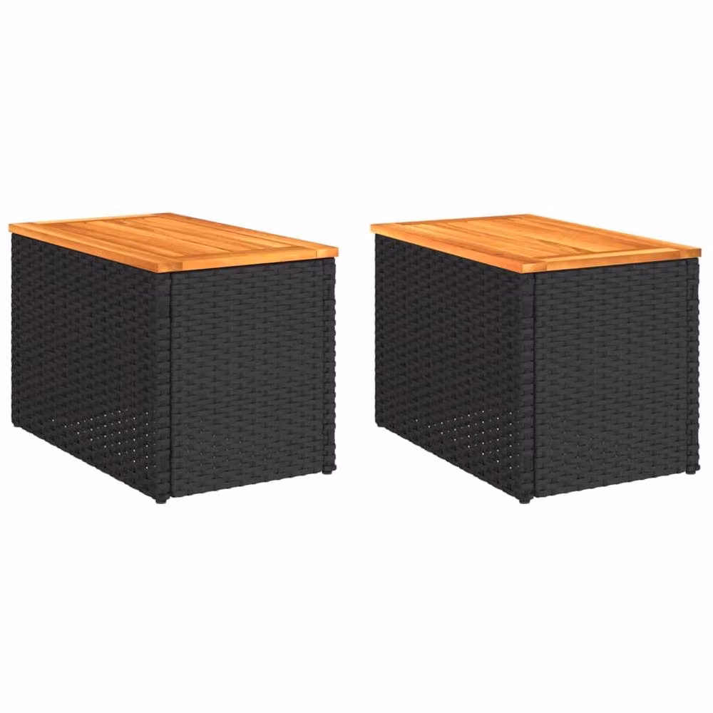 Berkfield Home Garden Side Tables 2-Piece Set in Black Poly Rattan and Oiled Acacia Wood, W/D/H: 55 x 34 x 37 cm – 2