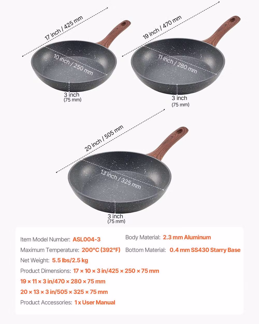 VEVOR 3 Piece Nonstick Aluminium Frying Pan Set in Grey – 4
