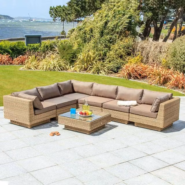 Cozy Bay Chicago Rattan 6 Seater Deluxe Modular Lounge Set in Brown and Yellow with Powder Coated Aluminium Frame
