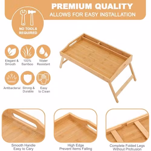 MantraRaj Bamboo Bed Tray Table with Foldable Legs and Handles in Brown, Beige, W/D/H: 66 x 50 x 30 cm – 3