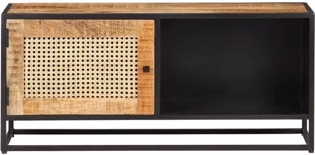 Berkfield Home Rustic Mango Wood and Natural Cane TV Cabinet in Brown, W/D/H: 90 x 30 x 40 cm – 1
