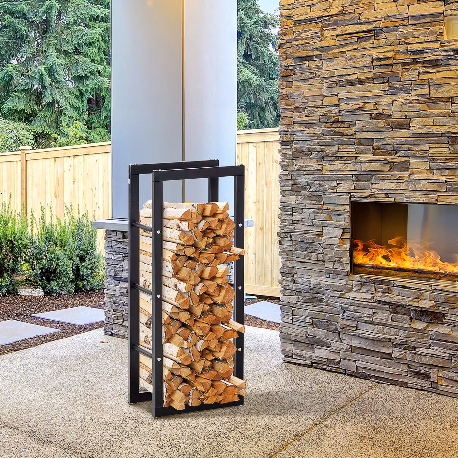 HOMCOM Metal Firewood Log Holder, Tall Indoor and Outdoor Wood Storage Rack with Side Rails, Black, W: 40 cm, D: 25 cm, H: 100 cm – 2