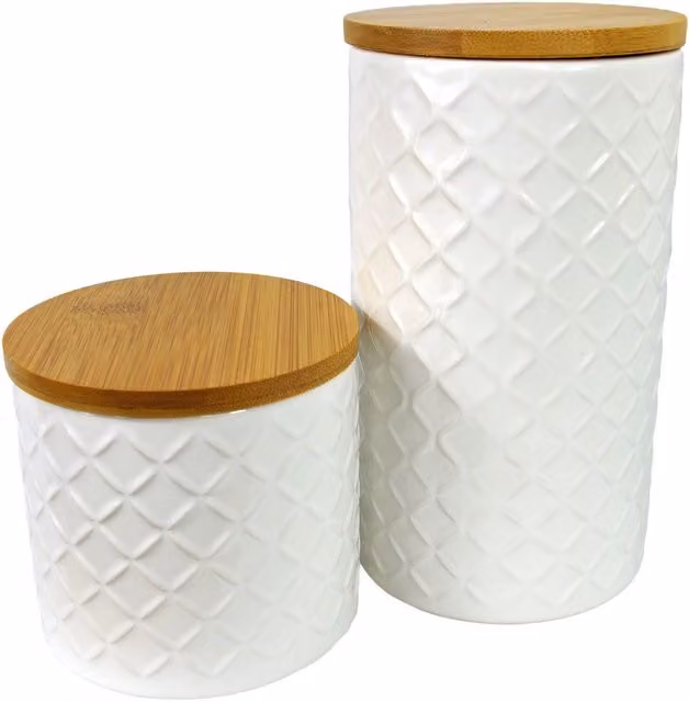 Leaf Design UK Set of Two Ceramic Canisters with Bamboo Lids in Beige, Orange and White