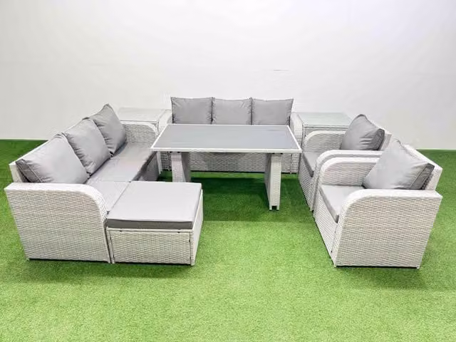 Fimous 9 Seater PE Rattan Outdoor Reclining Furniture Set in Light Grey