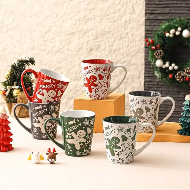 Simpa 6-Piece Christmas Gingerbread Man Stoneware Mug Set, 350ml, Red, White, Green and Grey – 1