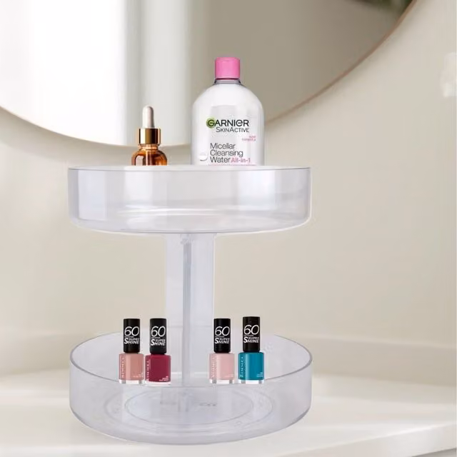 St Claris 2 Tier Clear Carousel Makeup Holder and Cosmetic Organiser Storage, Width: 21.5 cm