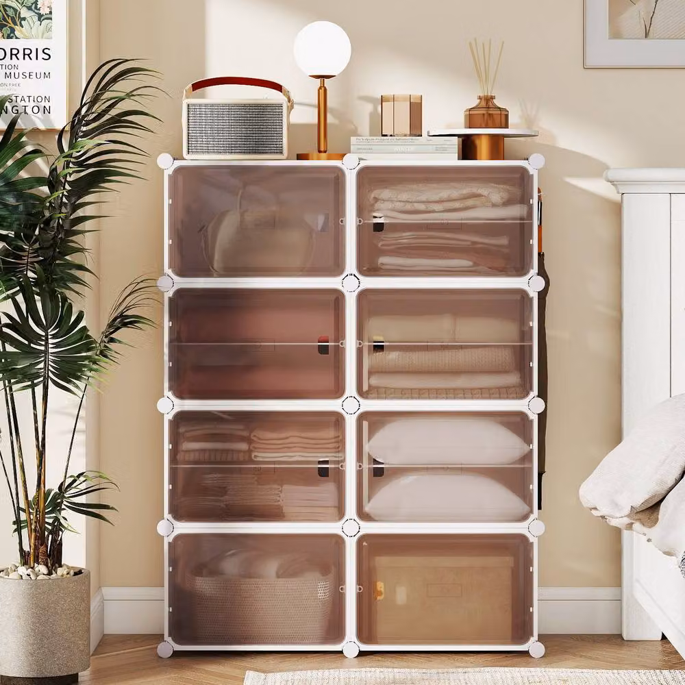 Gymax 8-Tier White Plastic and Metal Shoe Cabinet with Hinged Doors and Removable Shelves for 32 Pairs – 6