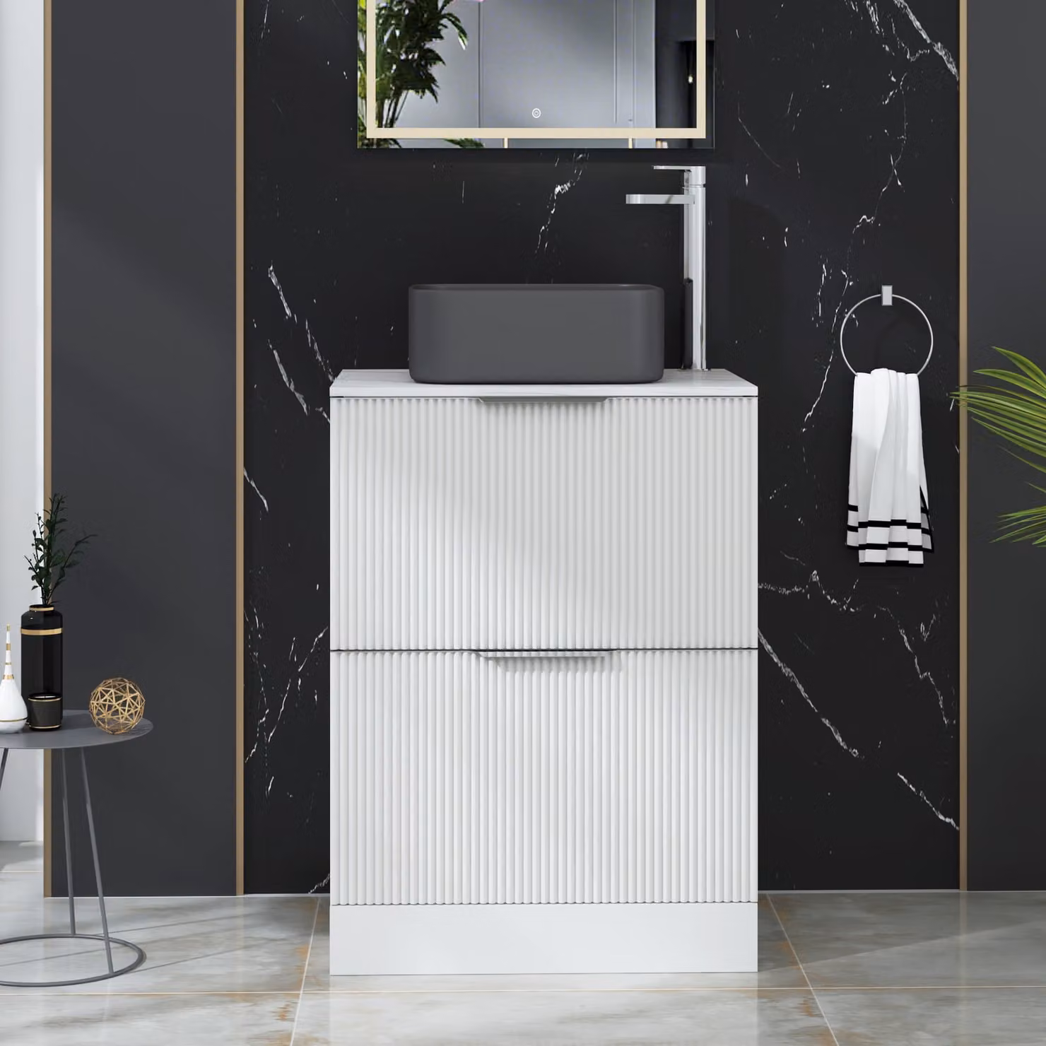 Royal Bathrooms Evora 600mm Matt White Fluted Floor Standing Countertop Vanity Unit with 2 Drawers and Art Square Basin