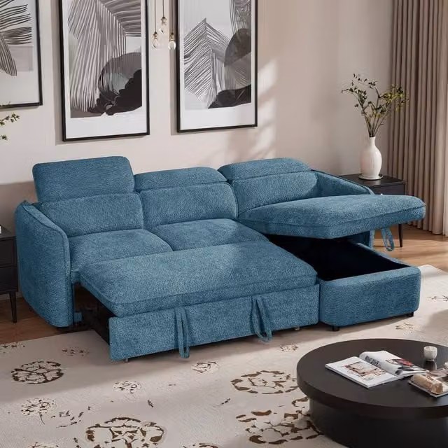 Furnishings For Less UK Ria L Shaped 4 Seater Fabric Corner Sofa Bed in Blue with Adjustable Headrests and Pull Out Frame W/D/H: 236 x 166 x 90 cm – 1
