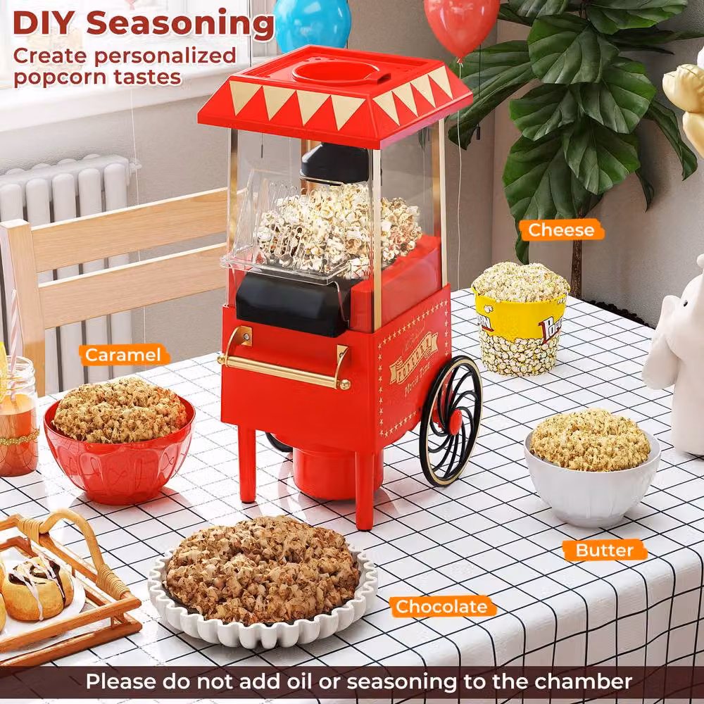 Costway 1200W Hot Air Popcorn Maker Cart with 12 Cups, Red – 6