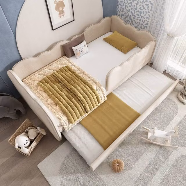 Merax Upholstered Single Daybed Sofa Bed with Pull Out Trundle in Beige, W/D/H: 90 x 190 cm – 1