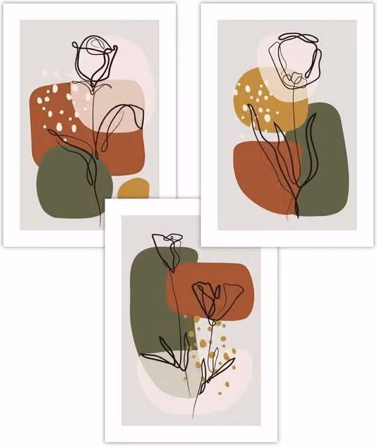ARTZE Set of 3 Boho Autumn Floral Line Art Posters in Green and Multicolour, W: 30 cm, H: 42 cm