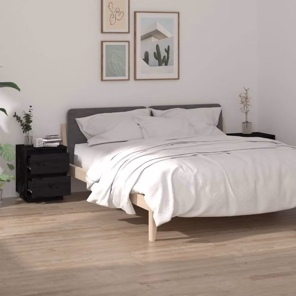 Berkfield Home Set of 2 Black Solid Wood Pine Bedside Cabinets, W/D/H: 40 x 35 x 50 cm – 2