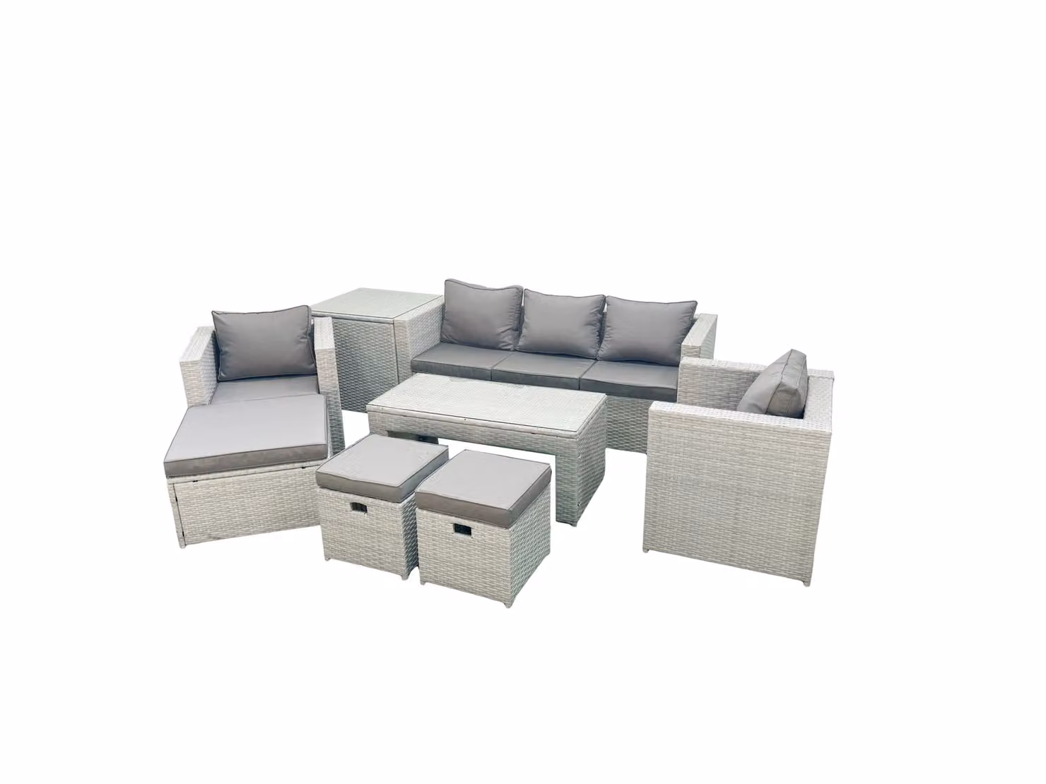 Fimous 8 Seater Rattan Garden Furniture Set in Light Grey with Outdoor Sofa, Coffee Table, 2 Chairs, 3 Stools and Side Table – 2