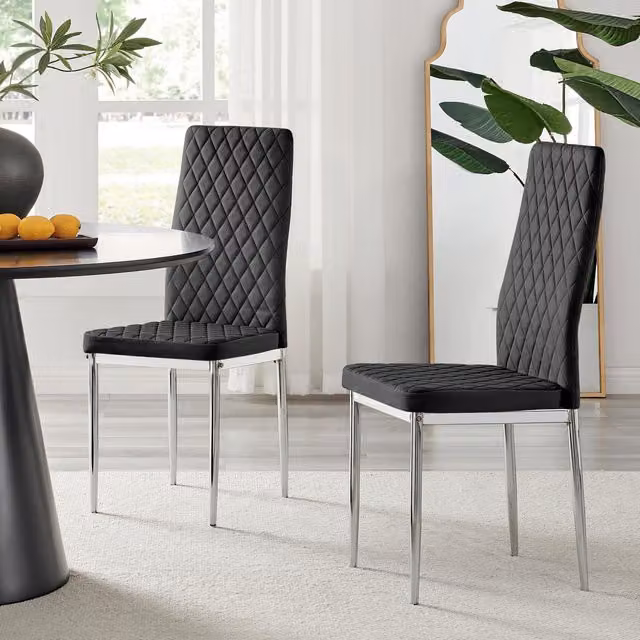 FurnitureboxUK Set of 4 Milan High Back Diamond Pattern Black Velvet Dining Chairs with Silver Chrome Metal Legs
