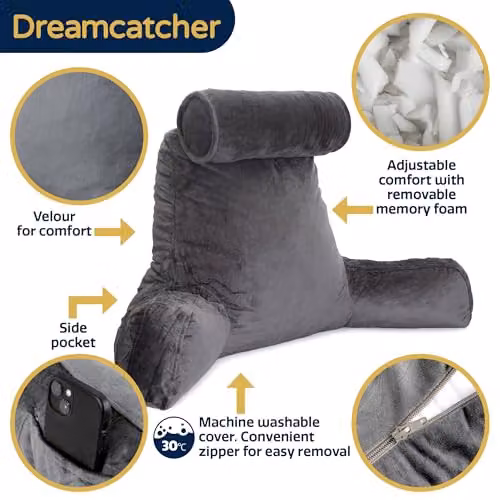 Dreamcatcher Grey Velvet Memory Foam Reading Pillow with Contoured Neck and Back Support – 4