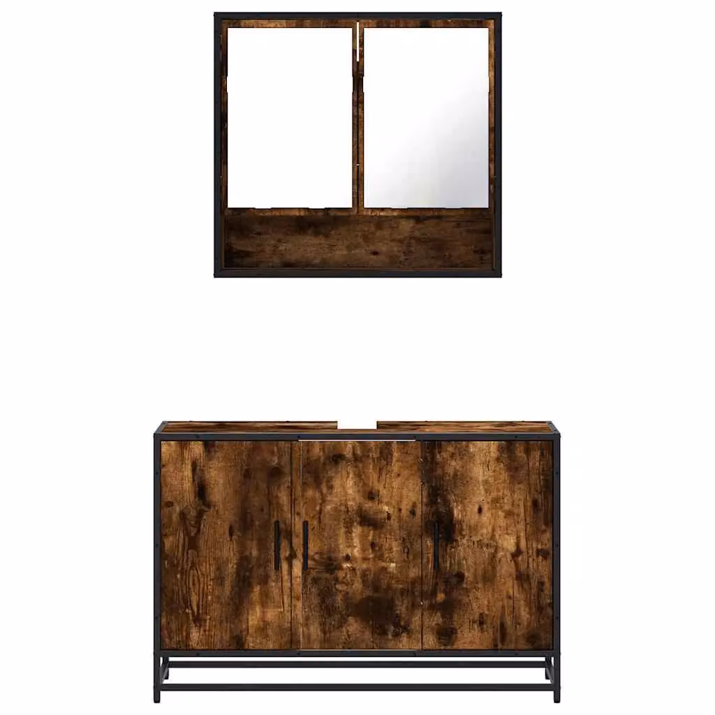 Berkfield Home 2 Piece Industrial Bathroom Furniture Set with Vanity Unit and Mirror Cabinet in Smoked Oak Brown – 3