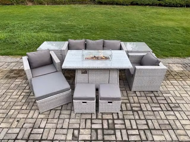 Fimous Rattan Outdoor Garden Dining Set with Gas Fire Pit Table, 2 Armchairs and 2 Side Tables in Light Grey