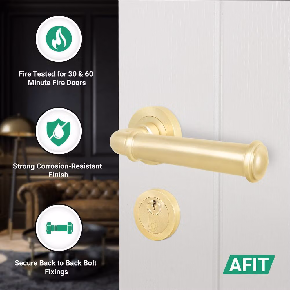AFIT Gold Brass Fire Door Handle with Euro Lock Thumbturn Cylinder Set and Hinges, W: 150 mm x H: 150 mm – 2