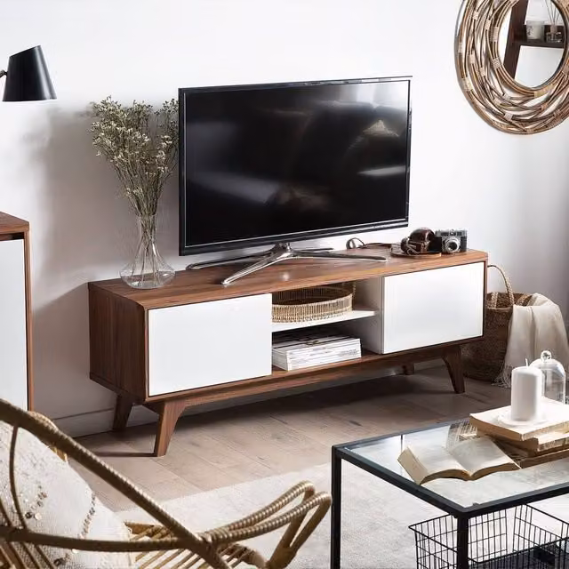 Wyld Haus Mid Century TV Stand in Brown and White with Media Compartments and Integrated Cable Management