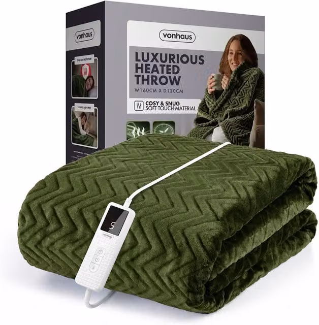 VonHaus Dark Olive Heated Throw Blanket with Remote Control and Auto Shut-off – 1