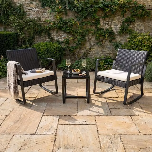 Monza Rocking Bistro Set in Black Rattan and Glass