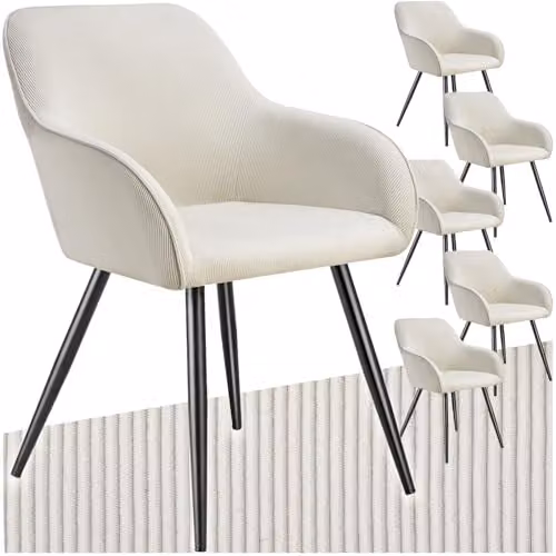 tectake Set of 6 Marilyn Dining Chairs in Corduroy Look with Armrests, Cream and Black