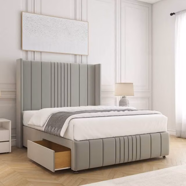 BSSPOKE Elise Plush Velvet Divan Bed with 54 inch Headboard and 2 Drawers in Silver, Size: 140 x 200 cm