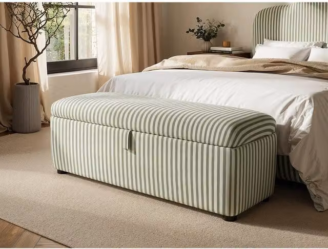 SOLACE+CO Modern Striped Ottoman Blanket Box in Beige and Green Woven Fabric