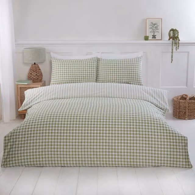 Rapport Home Green Gingham Check Polycotton Duvet Set and Pillowcase, W/D/H: 135 x 200 cm and 50 x 75 cm