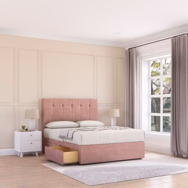 Sloomy Highbury Upholstered Divan Bed Base with 2 Drawers and Floor Standing Headboard, Pink, W/D/H: 200 x 200 cm
