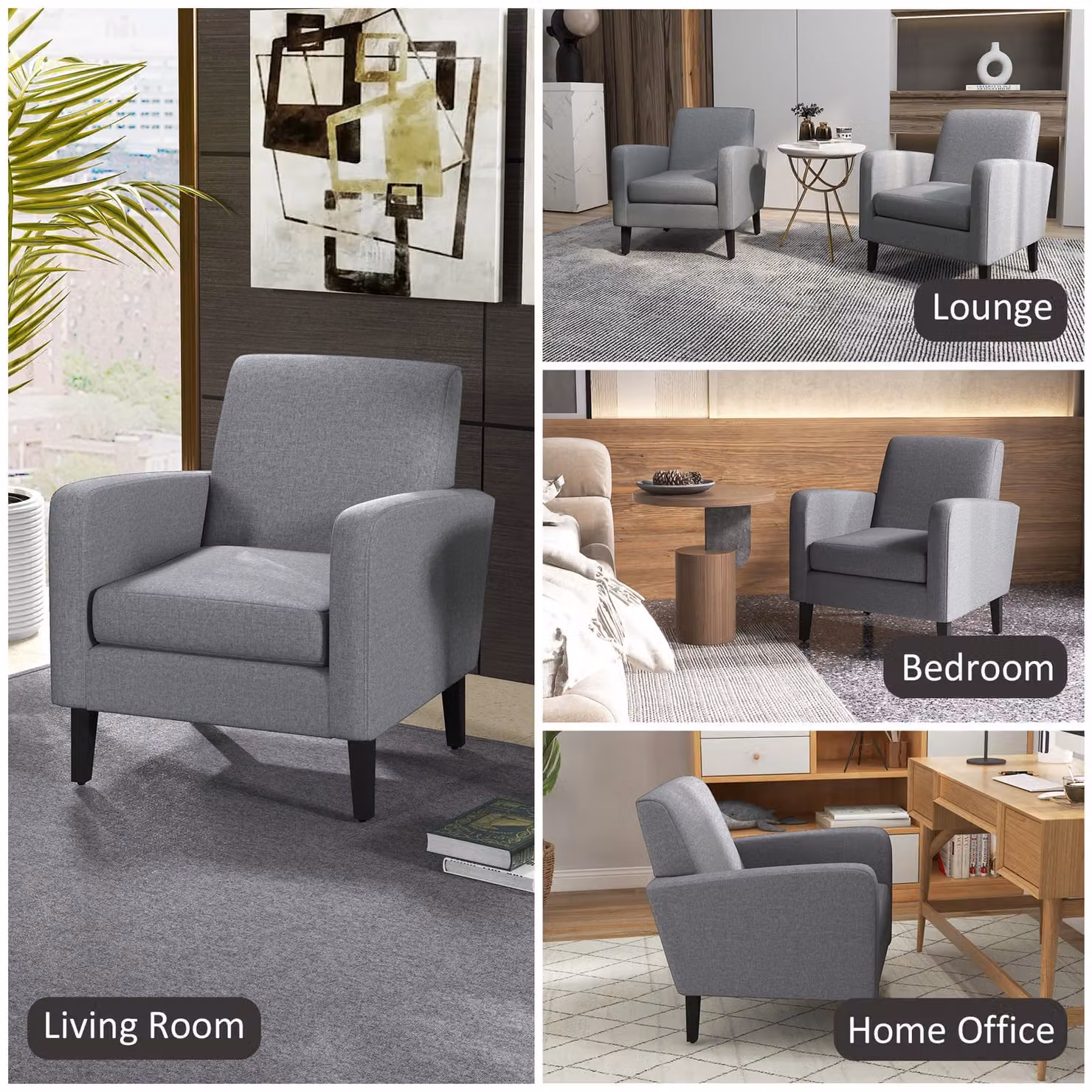 HOMCOM Set of 2 Modern Upholstered Grey Accent Armchairs with Rubberwood Legs – 6