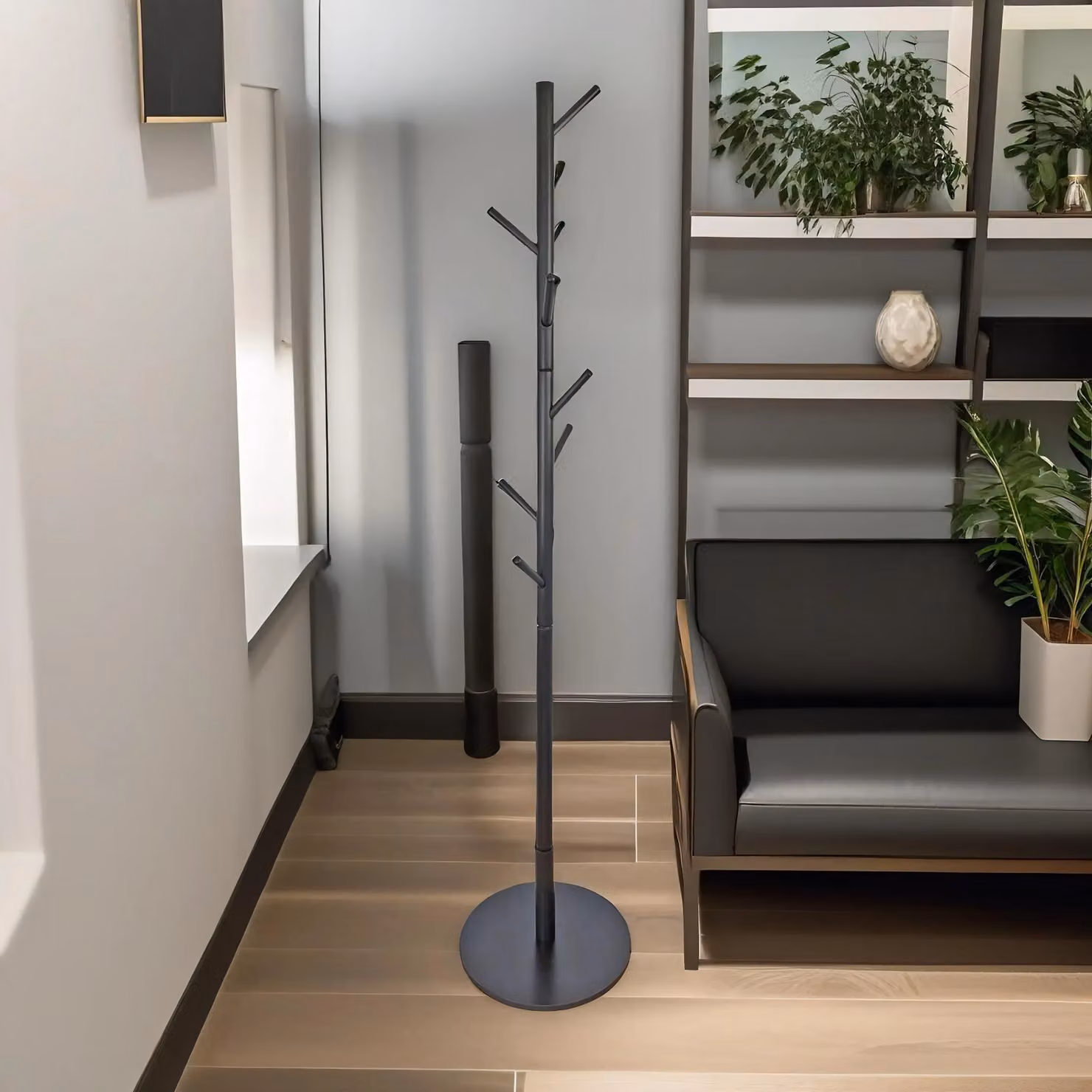 Pirlo Plush Black Wooden Coat Stand with 8 Hooks and Round Base – 3
