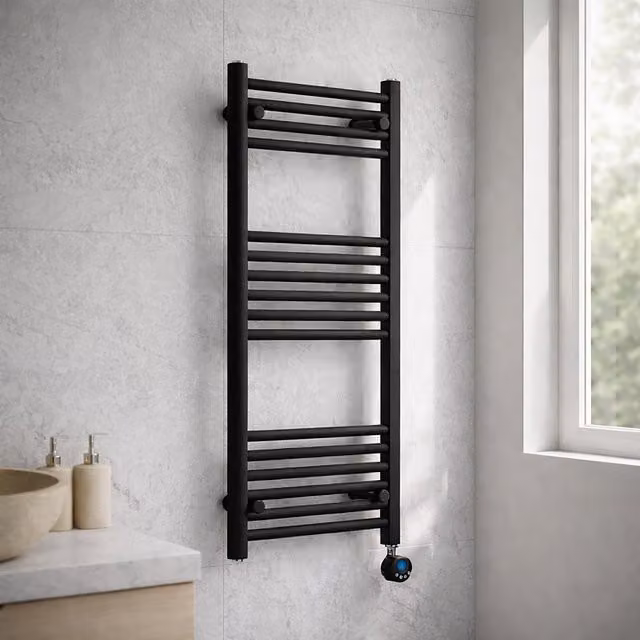 Lux Heat Black Metal Ladder Towel Radiator, H 100 cm x W 50 cm