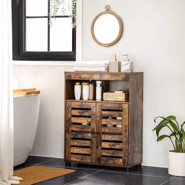 KORVIXA Freestanding Bathroom Storage Cabinet with Roll Shutter Doors in Rustic Brown – 1