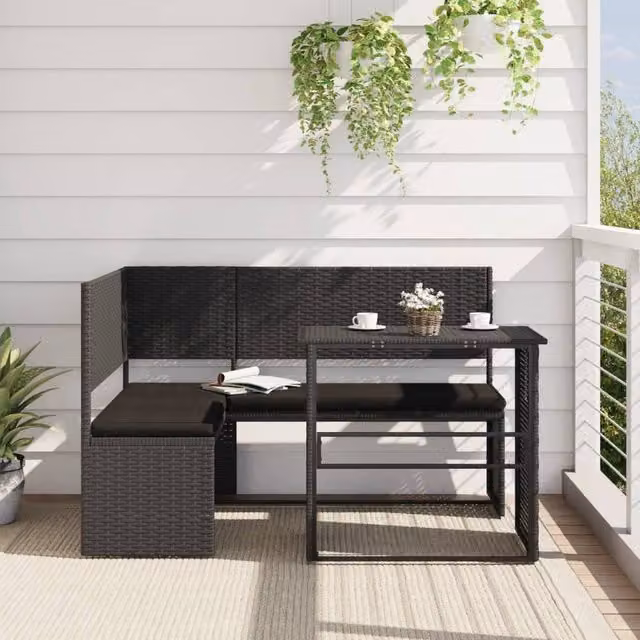 Berkfield Home L-Shaped Garden Sofa Set with Table and Cushions in Black Poly Rattan and Metal – 1