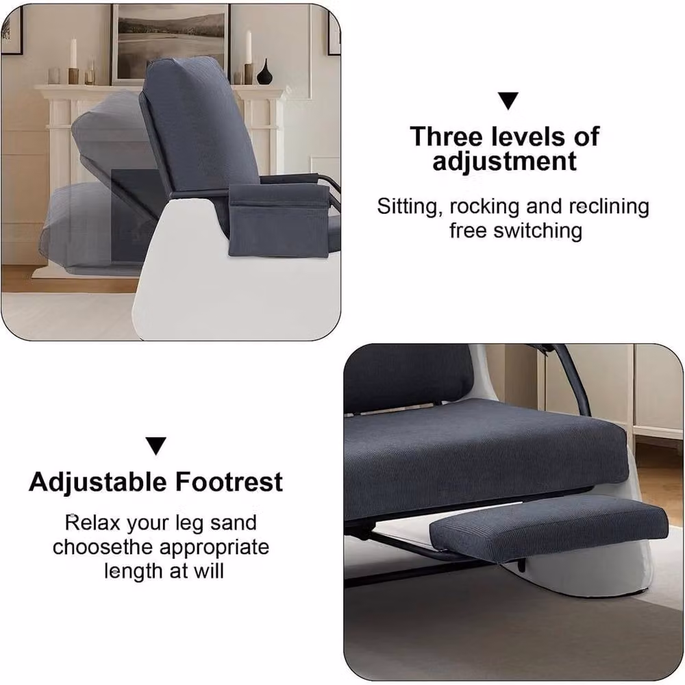 VOGREX Manual Reclining Armchair Glider with Adjustable Backrest and Footrest in Grey Fabric – 3