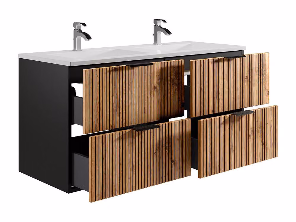 Vente-unique Ribbed Suspended Bathroom Vanity Unit and Tall Cabinet with Inset Basin and Column in Black – 4