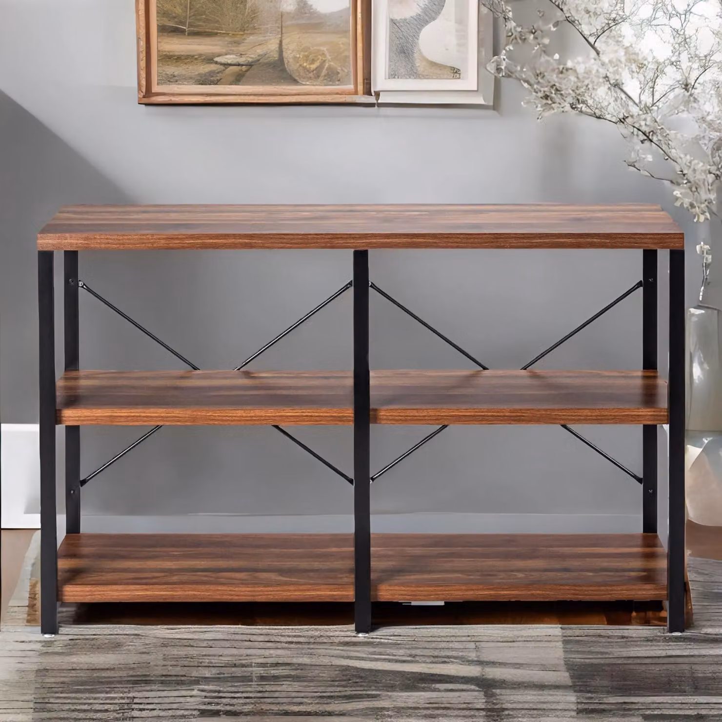 Rafaelo Mobilia Industrial 3 Tier Rustic Console Table with Metal Frame in Brown – 2