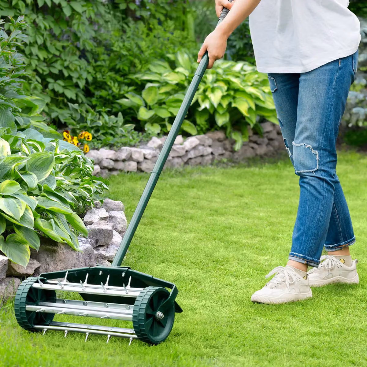 Costway Rolling Garden Lawn Aerator Roller with Rotary Push Tine Spike Tool in Green – 2