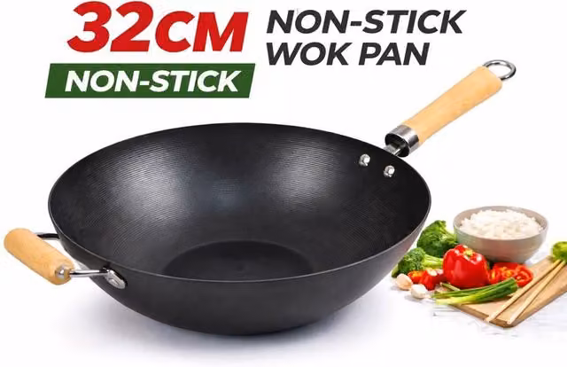 Ventryn Non Stick Wok Deep Cooking Pan with Wooden Handle, Black, Diameter: 32 cm – 1
