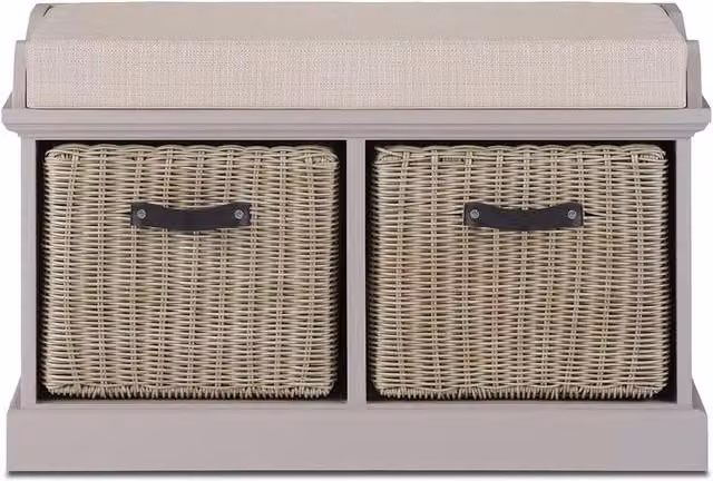 Tetbury Bench with 2 Washable Rattan Baskets in Truffle, W/D/H: 76 x 40 x 46 cm