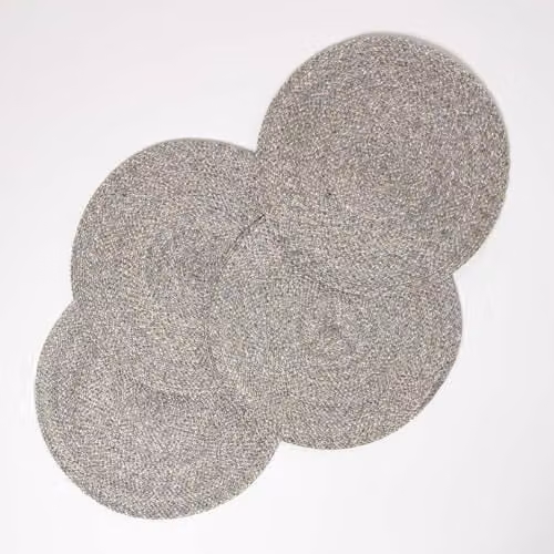 Homescapes Set of 4 Handwoven Round Placemats in Silver Grey, Diameter: 40 cm