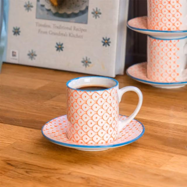 Nicola Spring 12 Piece Hand-Printed Geometric Porcelain Espresso Cup and Saucer Set, 65ml, Orange