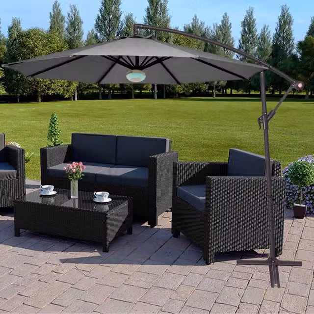 Groundlevel Grey Aluminium Cantilever Banana Parasol with LED and Bluetooth, Diameter: 300 cm