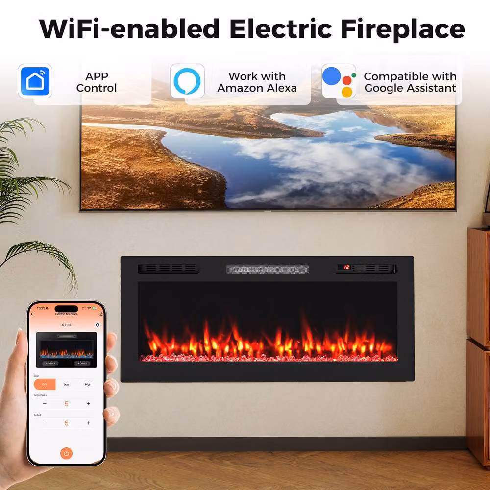 Costway Black Recessed Electric Fireplace Heater with App Control and WiFi, 1500W, W: 101.6 cm, H: 101.6 cm – 4
