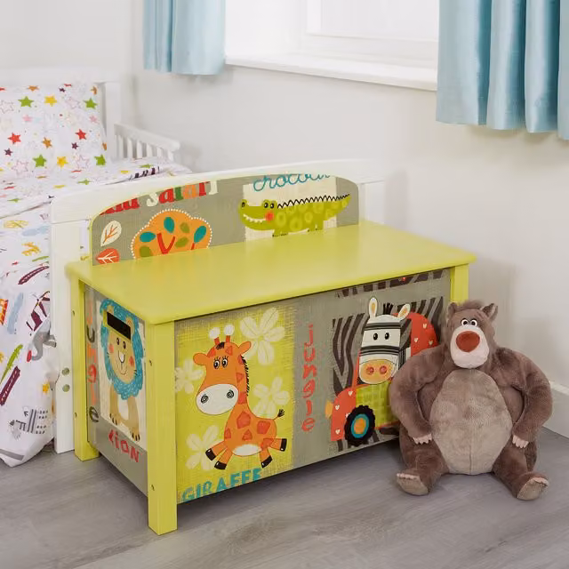 Liberty House Toys Kid Safari Big Wooden Toy Box with Soft Close Lid in Multicolour and Green