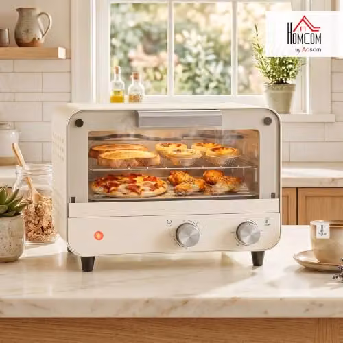 HOMCOM 12L Multifunction Mini Countertop Oven with Grill, Timer and Glass Door, White/Beige – 2