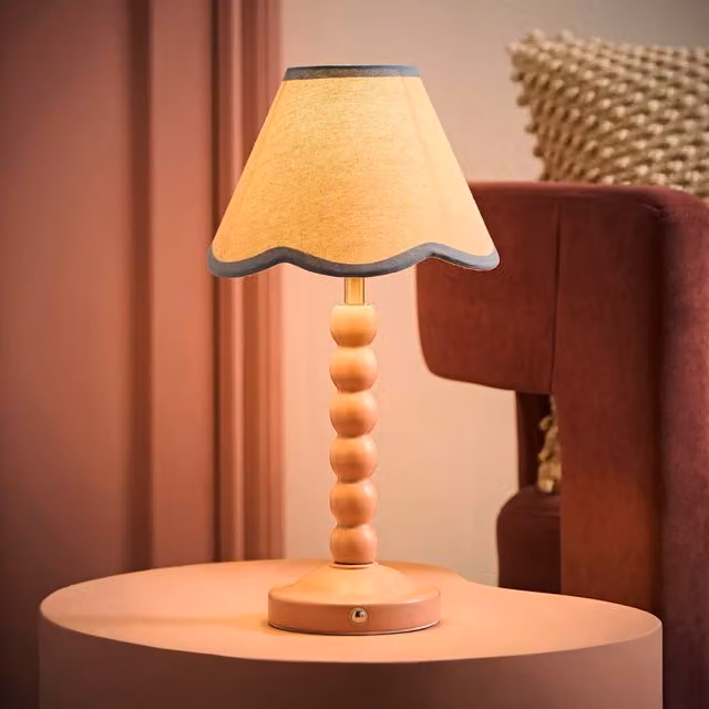 ValueLights Bobbin Scallop Trim Pink Rechargeable Portable Table Lamp with Blue Fabric Shade – 1